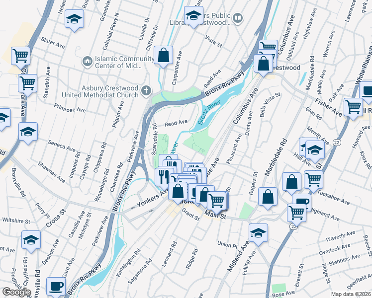 map of restaurants, bars, coffee shops, grocery stores, and more near 16 River Street in Tuckahoe