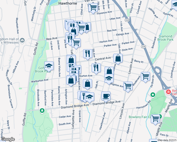map of restaurants, bars, coffee shops, grocery stores, and more near 156 Forest Avenue in Hawthorne