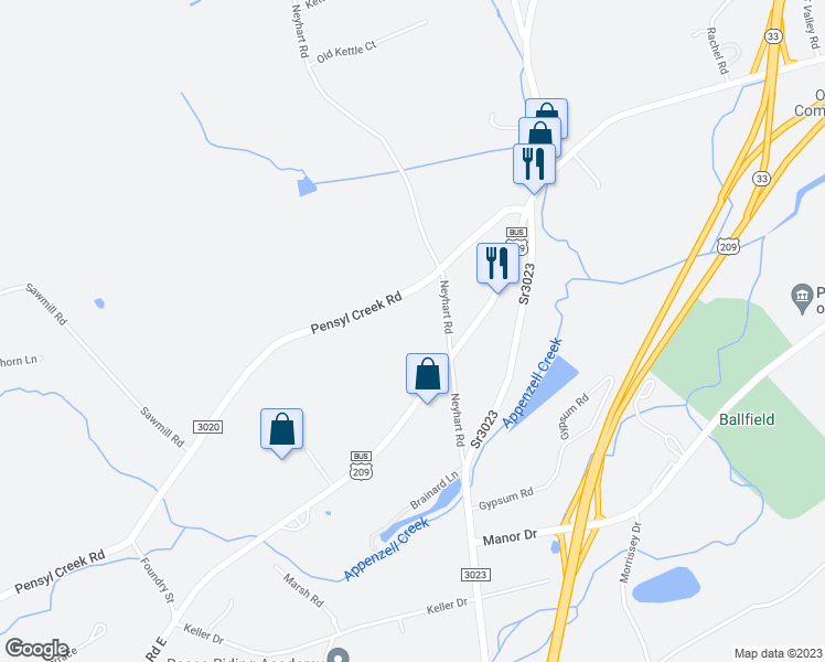 map of restaurants, bars, coffee shops, grocery stores, and more near 165 Neyhart Road in Stroudsburg