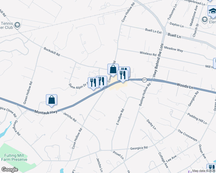 map of restaurants, bars, coffee shops, grocery stores, and more near 86 Montauk Highway in East Hampton