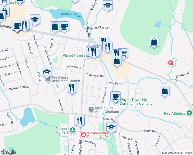 map of restaurants, bars, coffee shops, grocery stores, and more near 4 Traphagen Road in Wayne