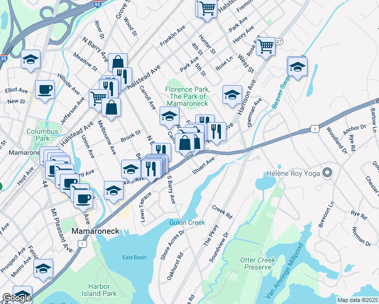 map of restaurants, bars, coffee shops, grocery stores, and more near 130 Wagner Avenue in Mamaroneck