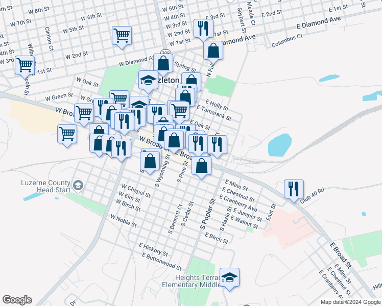 map of restaurants, bars, coffee shops, grocery stores, and more near 101 East Broad Street in Hazleton