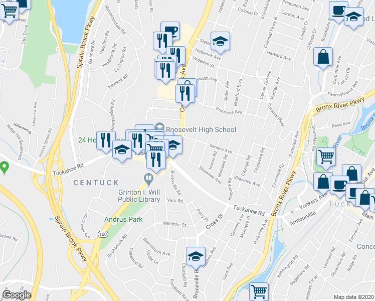 map of restaurants, bars, coffee shops, grocery stores, and more near 707 Tuckahoe Road in Yonkers