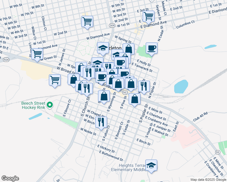 map of restaurants, bars, coffee shops, grocery stores, and more near 8 West Broad Street in Hazleton