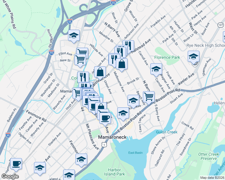 map of restaurants, bars, coffee shops, grocery stores, and more near 416 Hinman Place in Mamaroneck