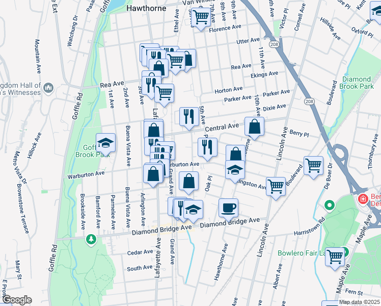 map of restaurants, bars, coffee shops, grocery stores, and more near 156 Forest Avenue in Hawthorne