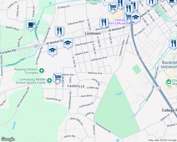 map of restaurants, bars, coffee shops, grocery stores, and more near 303 South 17th Street in Lewisburg