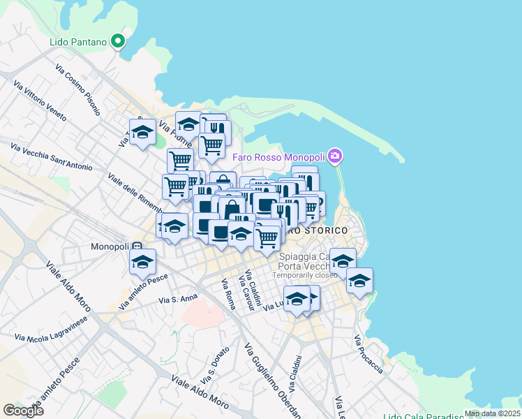 map of restaurants, bars, coffee shops, grocery stores, and more near 1/A Via Nazario Sauro in Monopoli