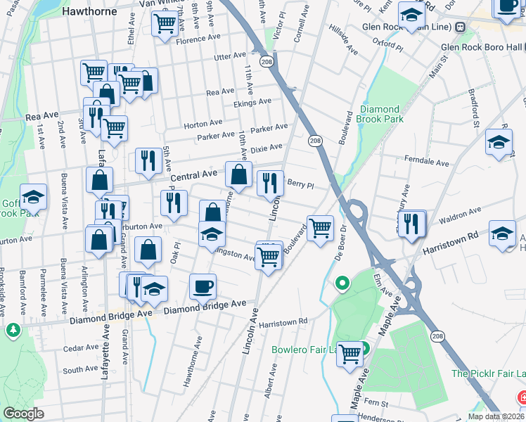 map of restaurants, bars, coffee shops, grocery stores, and more near 87 Minerva Avenue in Hawthorne