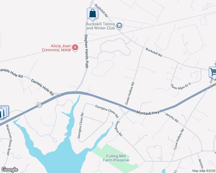 map of restaurants, bars, coffee shops, grocery stores, and more near 58 Huckleberry Lane in East Hampton