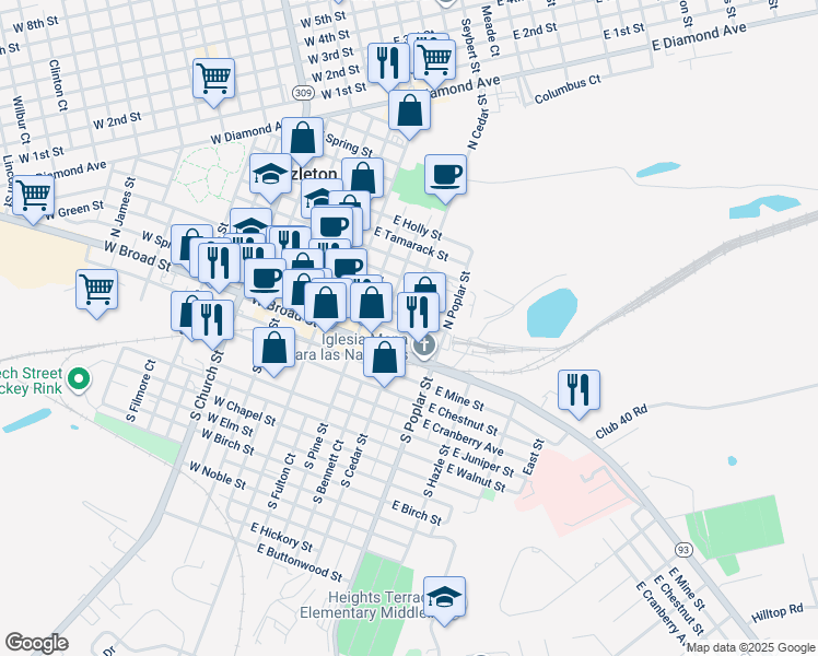map of restaurants, bars, coffee shops, grocery stores, and more near 29 North Cedar Street in Hazleton