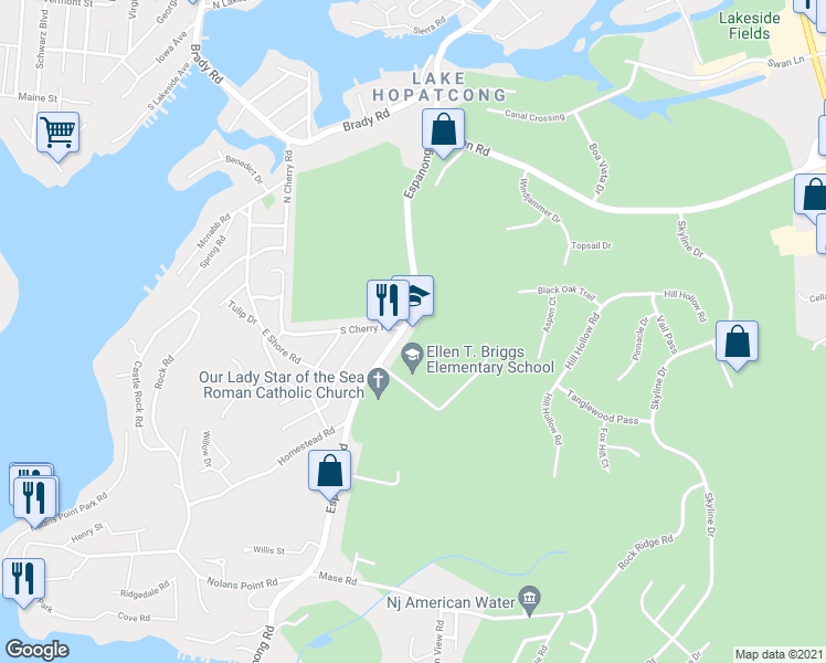 map of restaurants, bars, coffee shops, grocery stores, and more near 211 Espanong Road in Jefferson