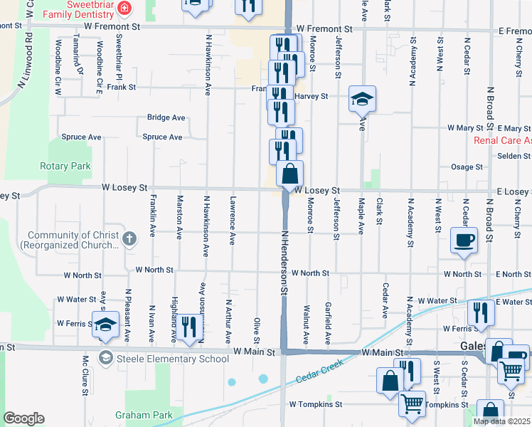 map of restaurants, bars, coffee shops, grocery stores, and more near 598 N Henderson St in Galesburg