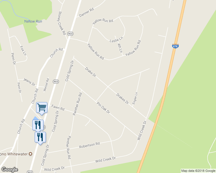map of restaurants, bars, coffee shops, grocery stores, and more near Drakes Drive in Jim Thorpe