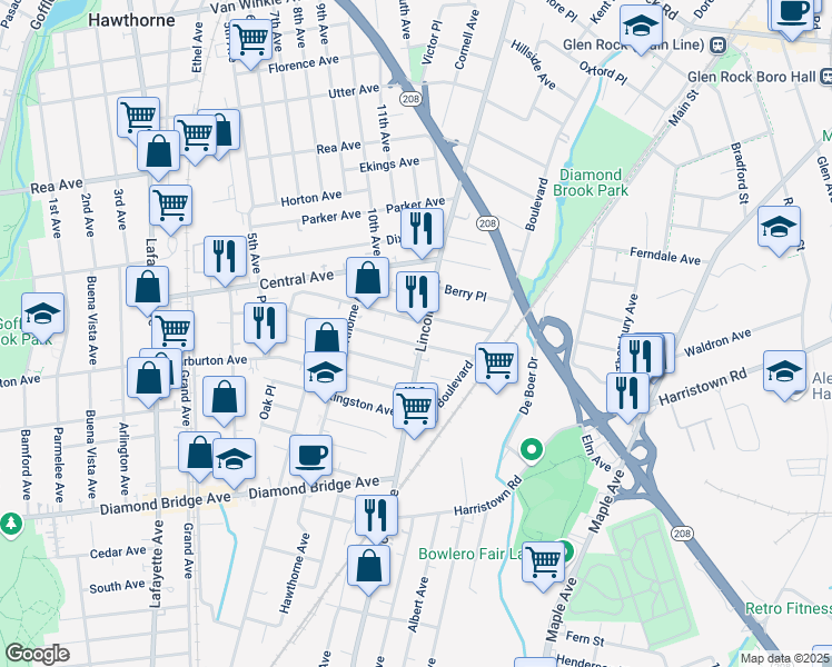 map of restaurants, bars, coffee shops, grocery stores, and more near 360 Lincoln Avenue in Hawthorne