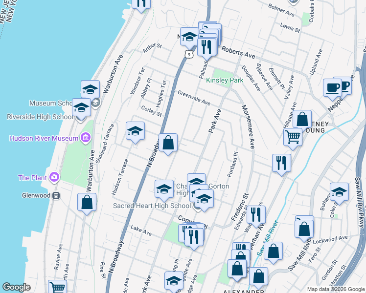 map of restaurants, bars, coffee shops, grocery stores, and more near 1 Northview Terrace in Yonkers