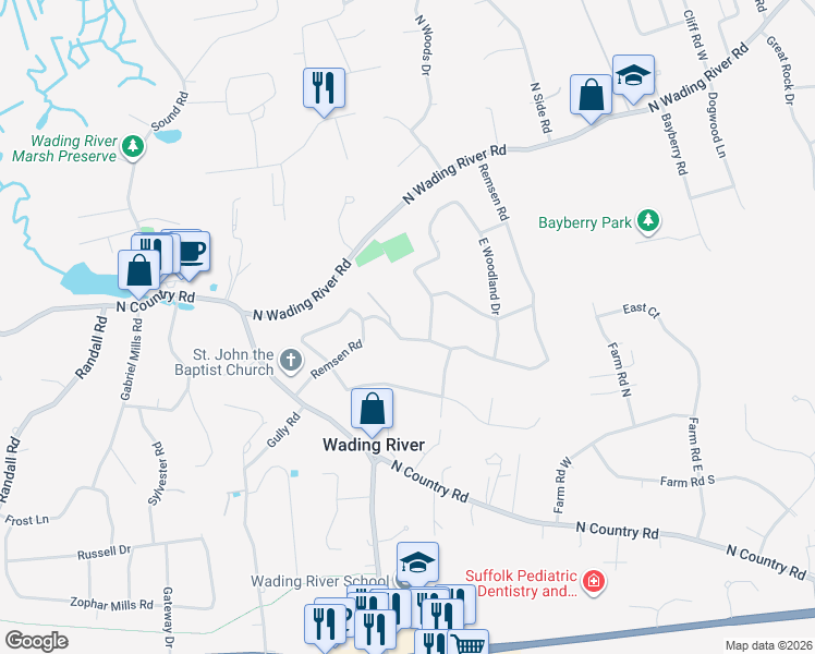 map of restaurants, bars, coffee shops, grocery stores, and more near 33 West Woodland Drive in Wading River