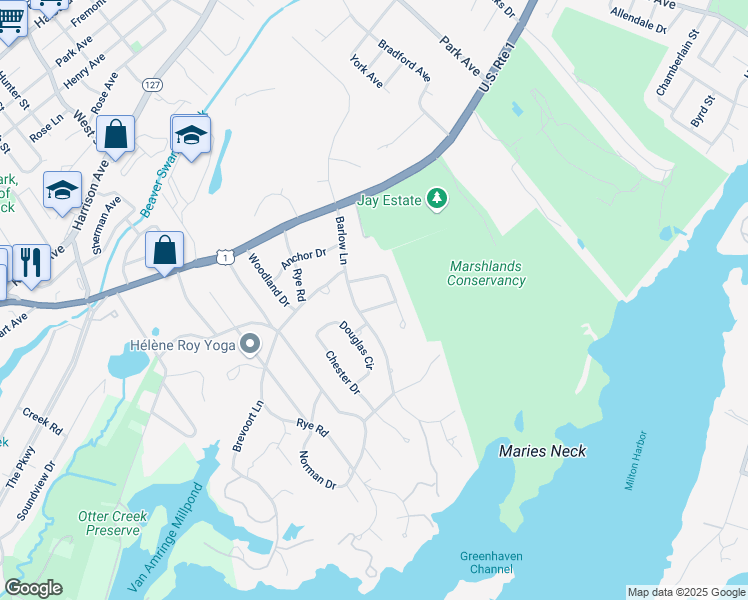 map of restaurants, bars, coffee shops, grocery stores, and more near 11 John Jay Place in Rye