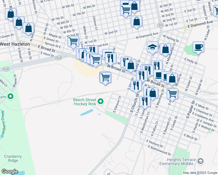 map of restaurants, bars, coffee shops, grocery stores, and more near in Hazleton