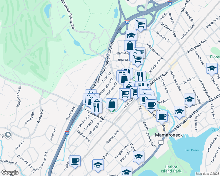 map of restaurants, bars, coffee shops, grocery stores, and more near 155 Washington Street in Mamaroneck