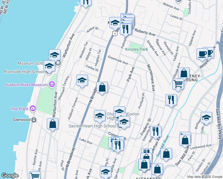 map of restaurants, bars, coffee shops, grocery stores, and more near 1 Northview Terrace in Yonkers