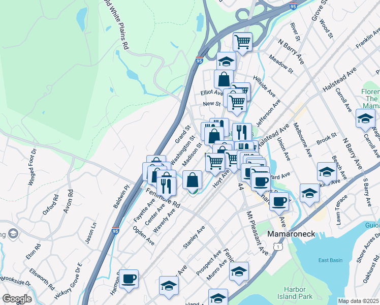map of restaurants, bars, coffee shops, grocery stores, and more near 155 Washington Street in Mamaroneck