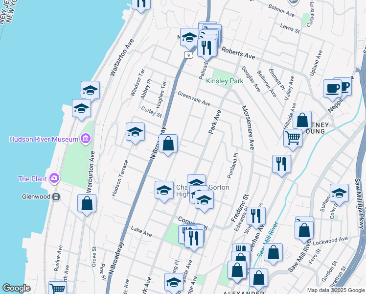 map of restaurants, bars, coffee shops, grocery stores, and more near 610 Palisade Avenue in Yonkers