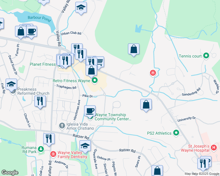 map of restaurants, bars, coffee shops, grocery stores, and more near 4204 Schindler Lane in Wayne