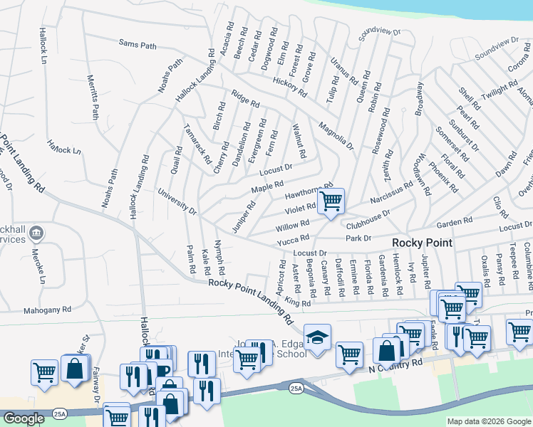 map of restaurants, bars, coffee shops, grocery stores, and more near 9 Hawthorne Road in Rocky Point