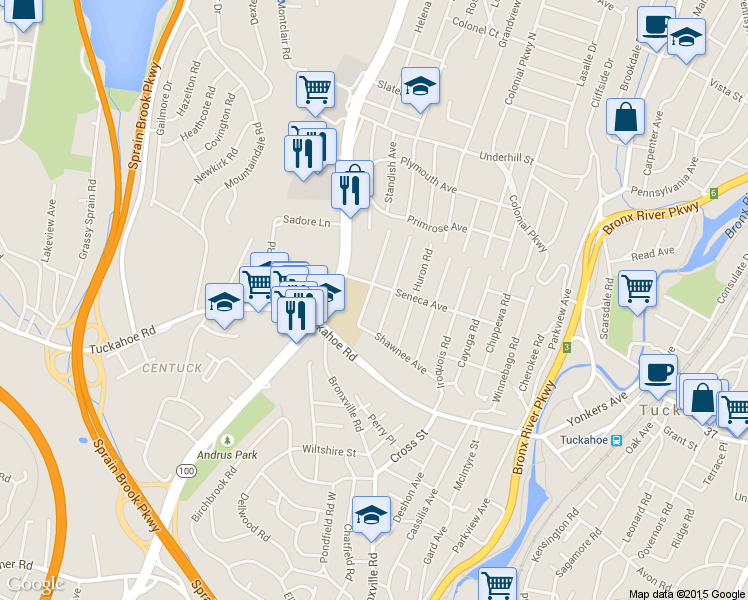 map of restaurants, bars, coffee shops, grocery stores, and more near 24 Massitoa Road in Yonkers