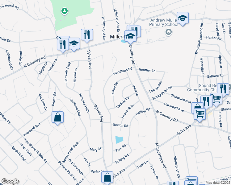 map of restaurants, bars, coffee shops, grocery stores, and more near 17 Rustic Road in Miller Place