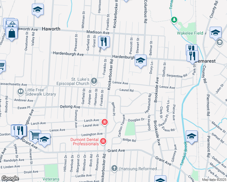 map of restaurants, bars, coffee shops, grocery stores, and more near 19 Knickerbocker Road in Demarest