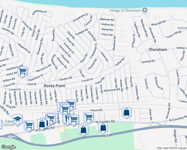 map of restaurants, bars, coffee shops, grocery stores, and more near 25 Highland Road in Rocky Point