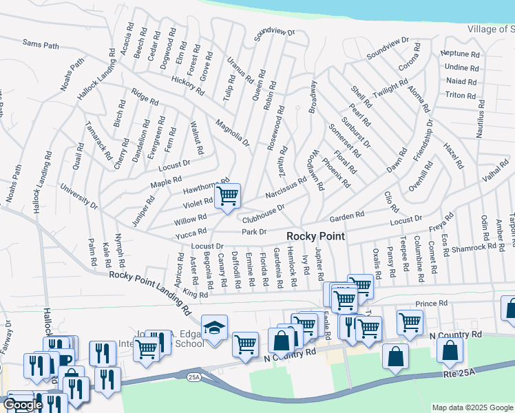 map of restaurants, bars, coffee shops, grocery stores, and more near 15 Narcissus Road in Rocky Point
