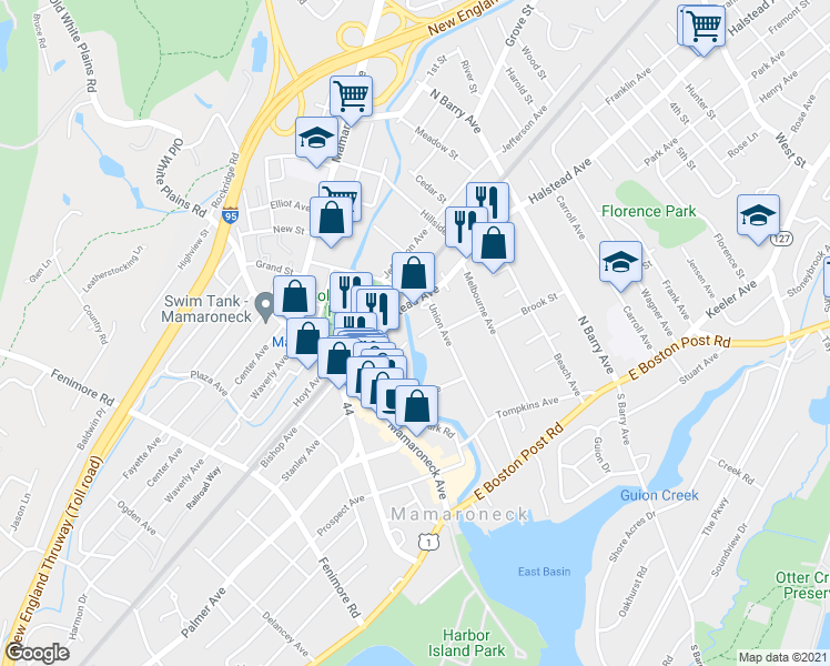 map of restaurants, bars, coffee shops, grocery stores, and more near 418 Union Avenue in Mamaroneck