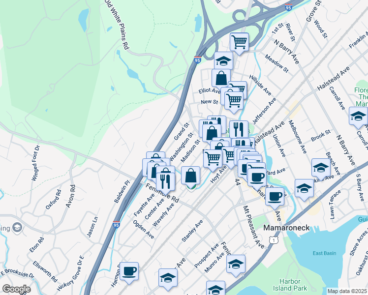 map of restaurants, bars, coffee shops, grocery stores, and more near 155 Washington Street in Mamaroneck