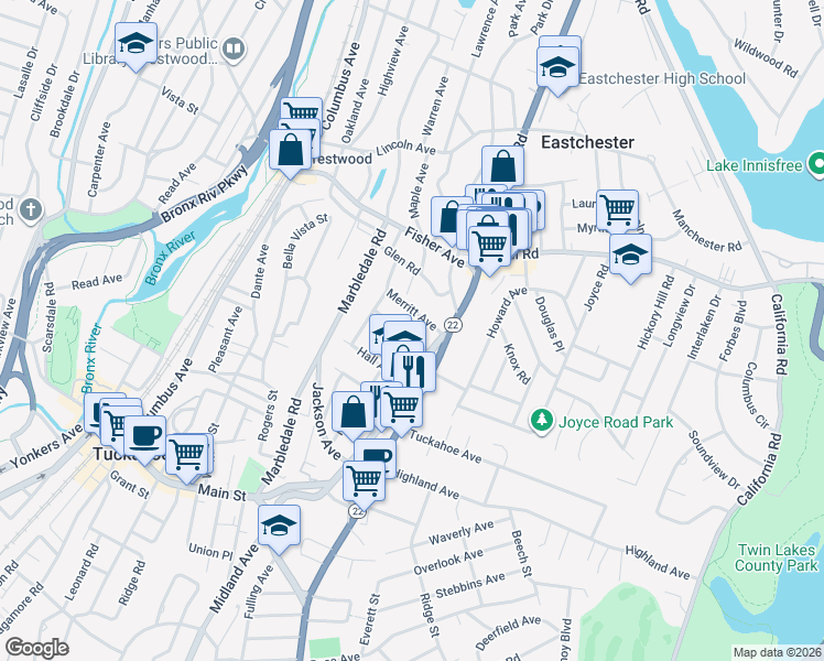 map of restaurants, bars, coffee shops, grocery stores, and more near 28 Merritt Avenue in Eastchester