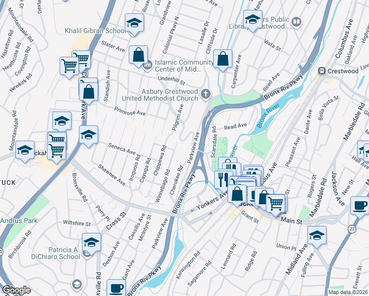map of restaurants, bars, coffee shops, grocery stores, and more near 144 Colonial Parkway in Yonkers