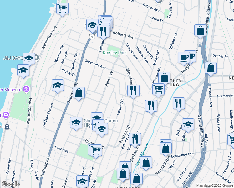 map of restaurants, bars, coffee shops, grocery stores, and more near 5 Kinross Place in Yonkers