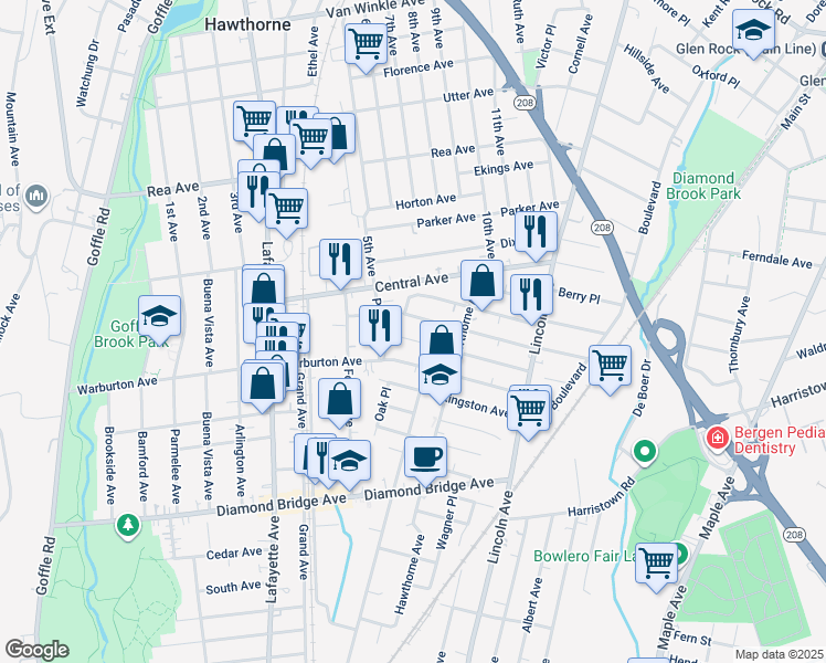 map of restaurants, bars, coffee shops, grocery stores, and more near 39 Frederick Avenue in Hawthorne
