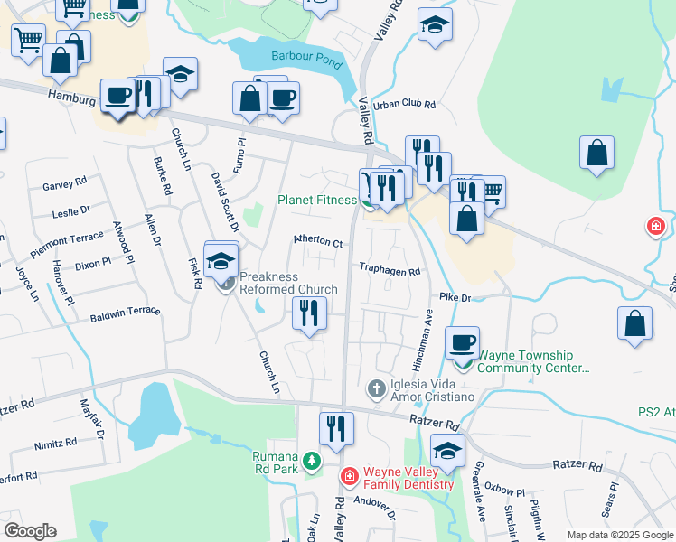 map of restaurants, bars, coffee shops, grocery stores, and more near 19B Atherton Court in Wayne