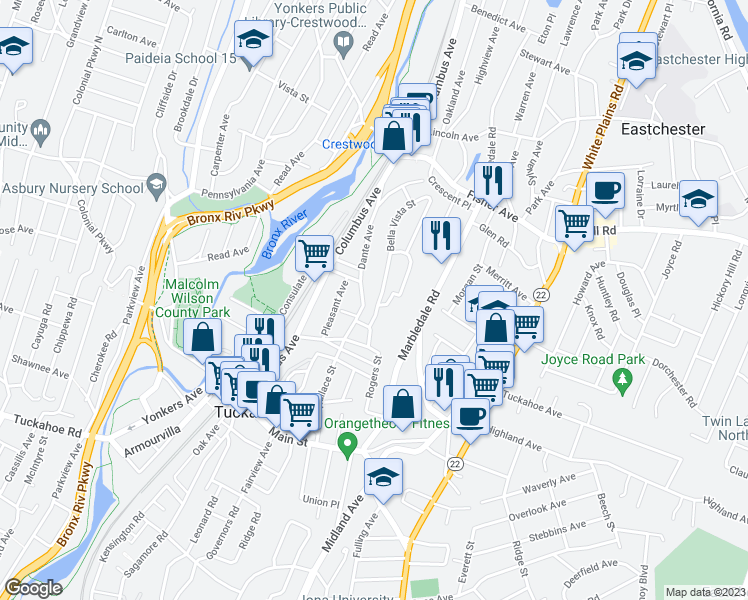 map of restaurants, bars, coffee shops, grocery stores, and more near 55 Chestnut Street in Tuckahoe