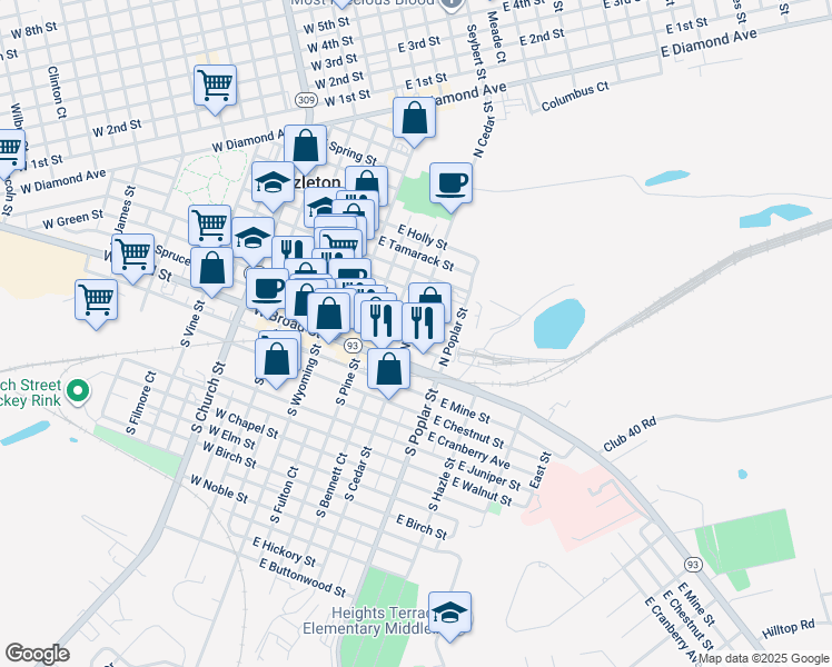 map of restaurants, bars, coffee shops, grocery stores, and more near 39 North Cedar Street in Hazleton