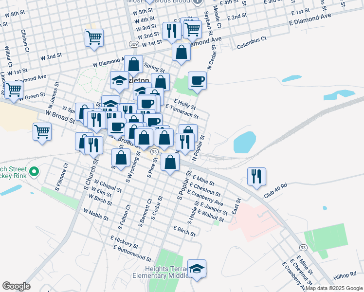 map of restaurants, bars, coffee shops, grocery stores, and more near 39 North Cedar Street in Hazleton