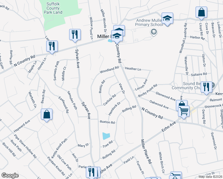map of restaurants, bars, coffee shops, grocery stores, and more near 8 Stratford Road in Miller Place