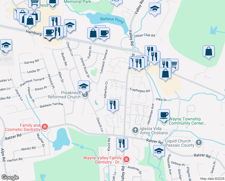 map of restaurants, bars, coffee shops, grocery stores, and more near 57 Atherton Court in Wayne