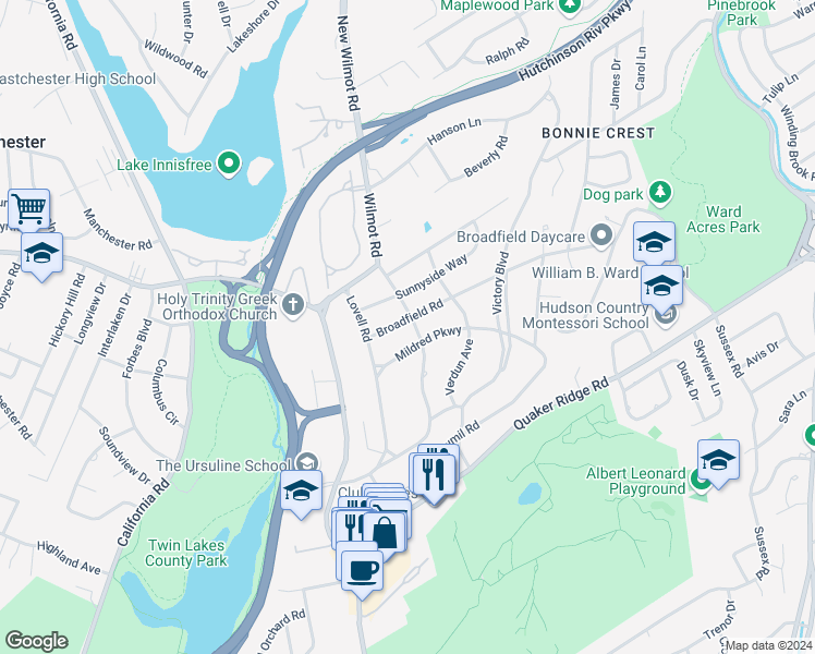 map of restaurants, bars, coffee shops, grocery stores, and more near 35 Broadfield Road in New Rochelle