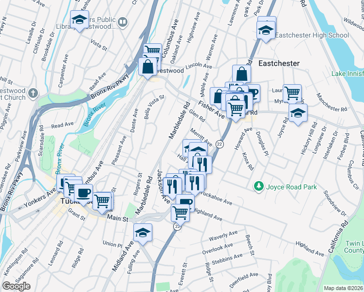 map of restaurants, bars, coffee shops, grocery stores, and more near 16 Morgan Street in Eastchester