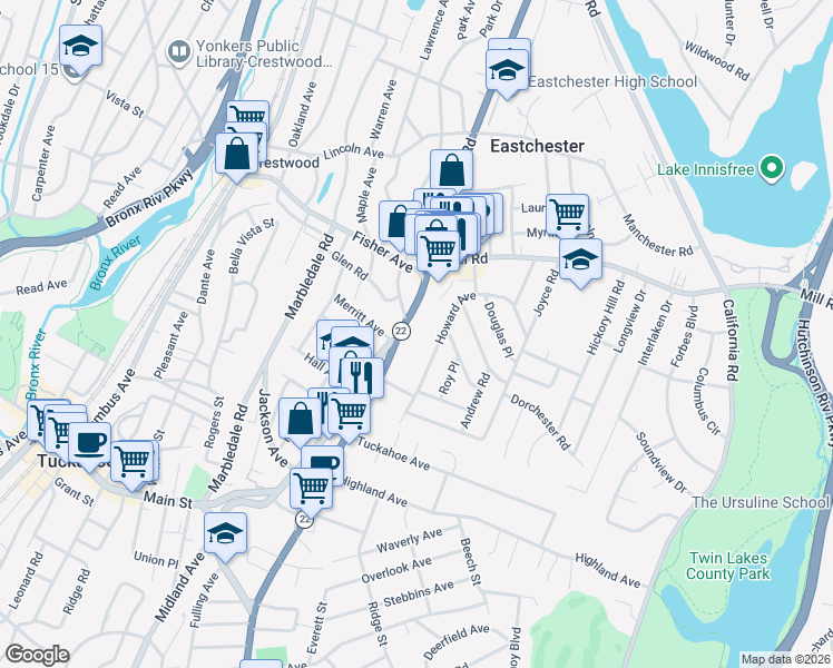 map of restaurants, bars, coffee shops, grocery stores, and more near 375 White Plains Road in Eastchester